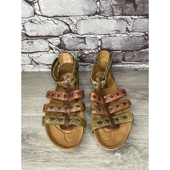 Earth Kalso Empire Bat Brown Leather Green Ankle Strap Wedge Sandals Women 7.5B - Picture 1 of 16